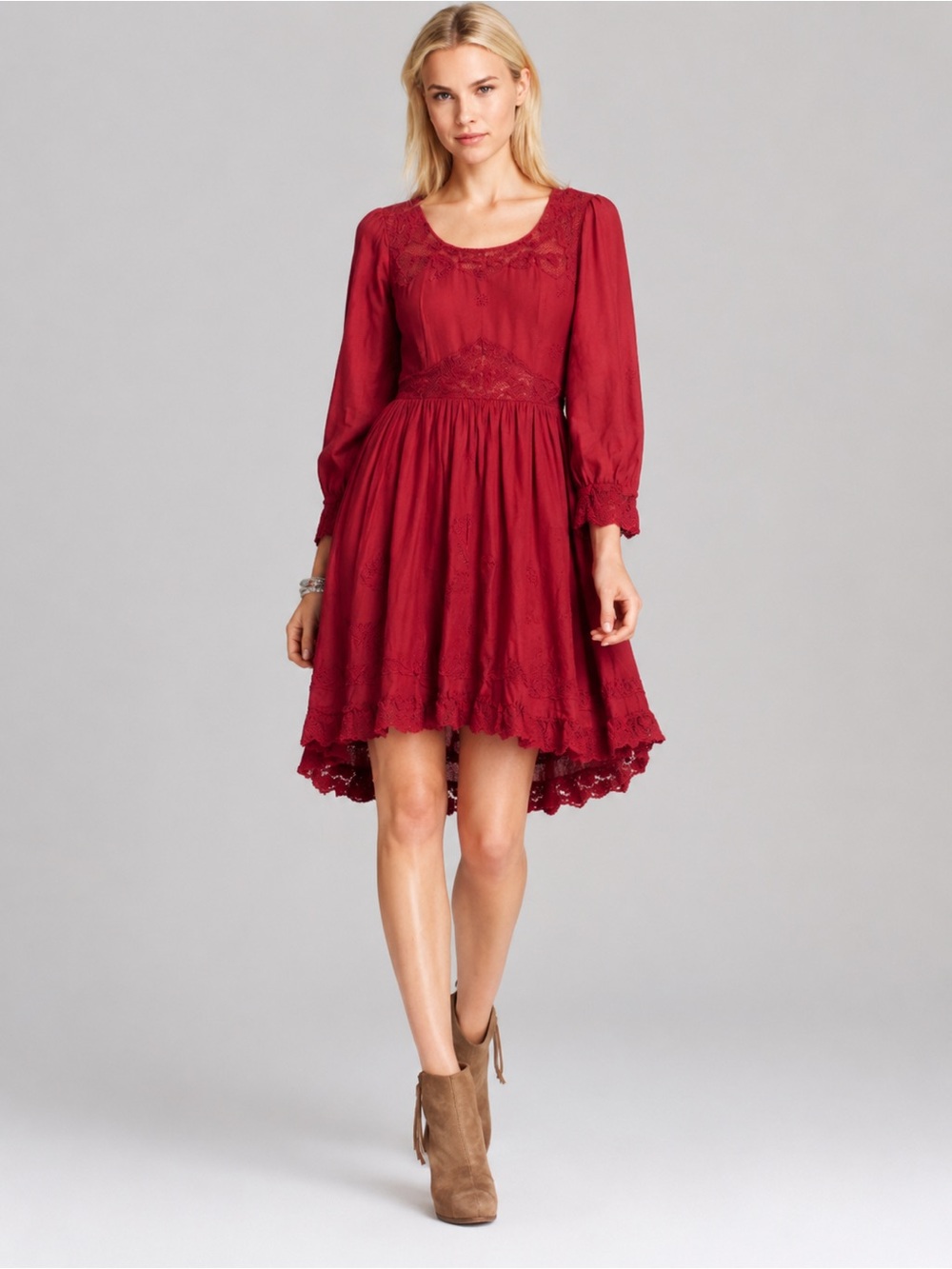 Free People Cotton Crinkle Montana Dress Burgundy Red Lace Embroidered Boho